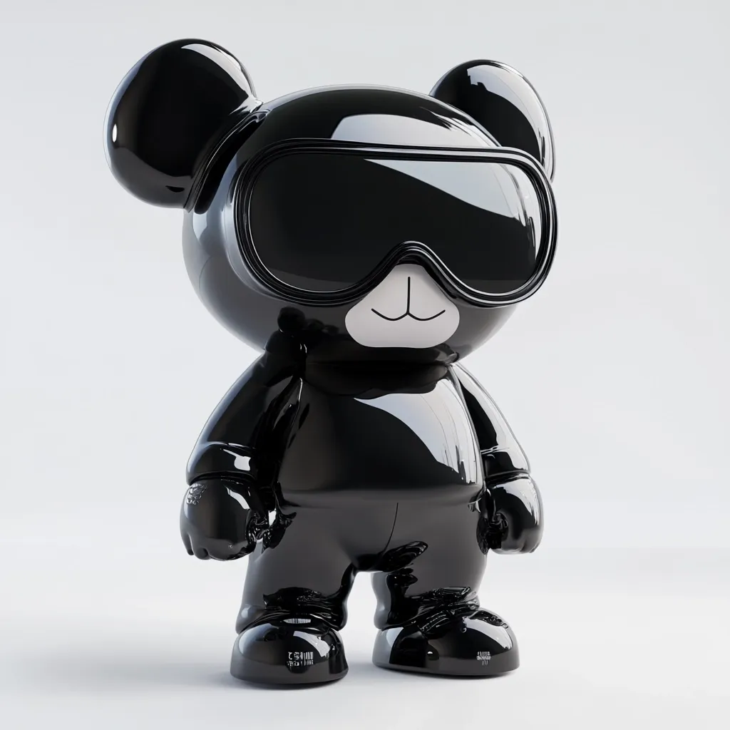 A sleek, black teddy bear figurine stands against a white background.  The bear is rendered in a glossy, high-shine finish, and wears oversized, dark goggles. Its features are simple and minimalist, with a small, white nose and mouth. The overall style is modern and stylized, suggesting a collectible or designer toy.