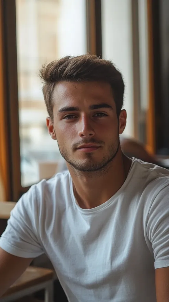 A young man with short, brown hair sits indoors, wearing a plain white t-shirt.  He has a well-groomed appearance and a neutral expression. The background is slightly blurred, showing a window with a light-colored view. The overall tone is calm and natural.