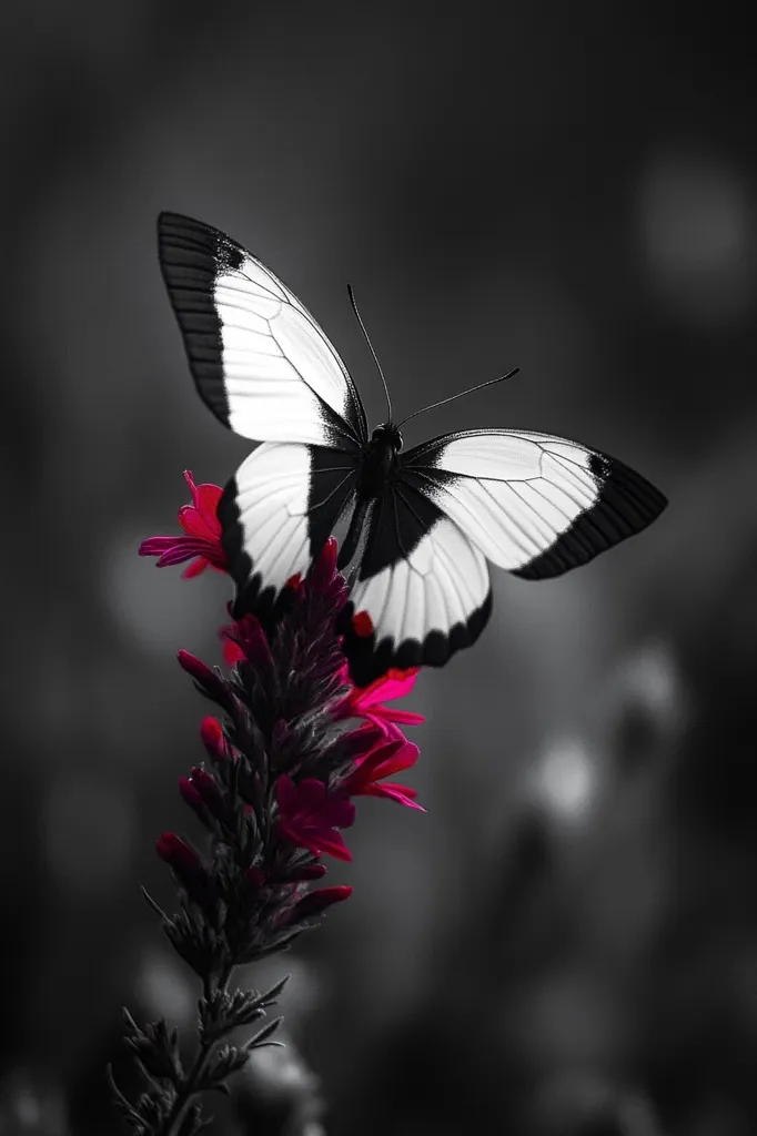 A striking black and white image features a butterfly with vibrant crimson accents on its wings, delicately perched on a deep red flower. The flower stands tall against a blurred grayscale background, creating a dramatic contrast and emphasizing the butterfly's beauty.  The monochrome palette enhances the intensity of the red, drawing attention to the intricate details of both the insect and blossom.