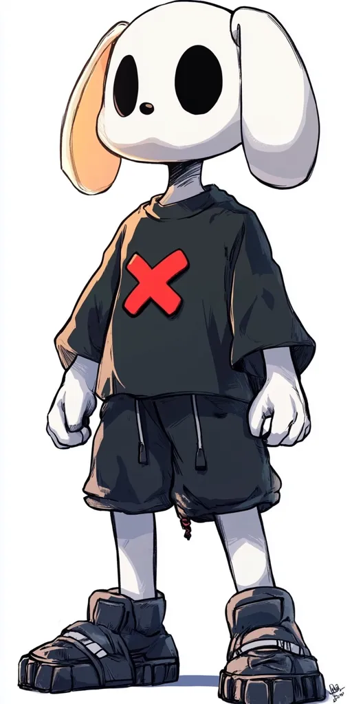 A stylized cartoon character, possibly a dog-like creature, is depicted.  It has a large, white head with oversized black eyes and floppy ears.  The character wears a dark-colored oversized t-shirt with a red 'X' on the chest, dark shorts, and chunky black shoes. The style is reminiscent of graphic novel art or streetwear designs, with a slightly unsettling yet appealing aesthetic.