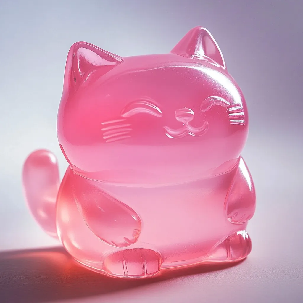 A translucent pink cat figurine sits on a light surface.  The cat is depicted in a seated position with a smiling expression, its features subtly etched into the glossy surface. The pink color is evenly distributed, creating a soft, almost jelly-like appearance.  The figurine's smooth curves and simple design give it a charming and playful aesthetic.