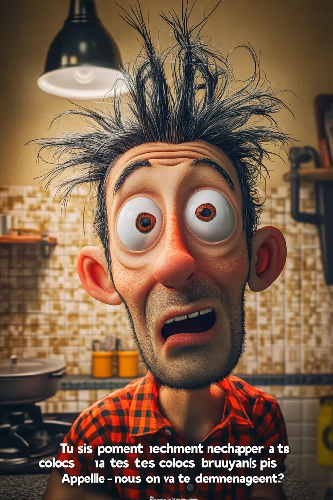 A cartoon man with wildly spiky hair and wide, frightened eyes looks upward. His expression is one of extreme distress. He's wearing a red and black plaid shirt. The background suggests a kitchen setting.  The text below him appears to be French, indicating a humorous situation related to noisy roommates.