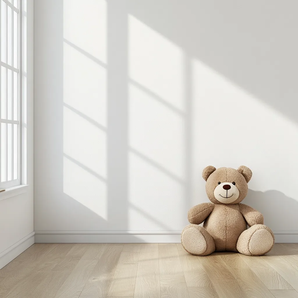 A light-brown teddy bear sits on a light wood floor against a white wall in a sunlit room.  Sunlight streams through a window, casting shadows on the wall. The minimalist room is clean and bright, creating a serene and calming atmosphere. The teddy bear is the focal point, adding a touch of warmth and childhood innocence to the space.