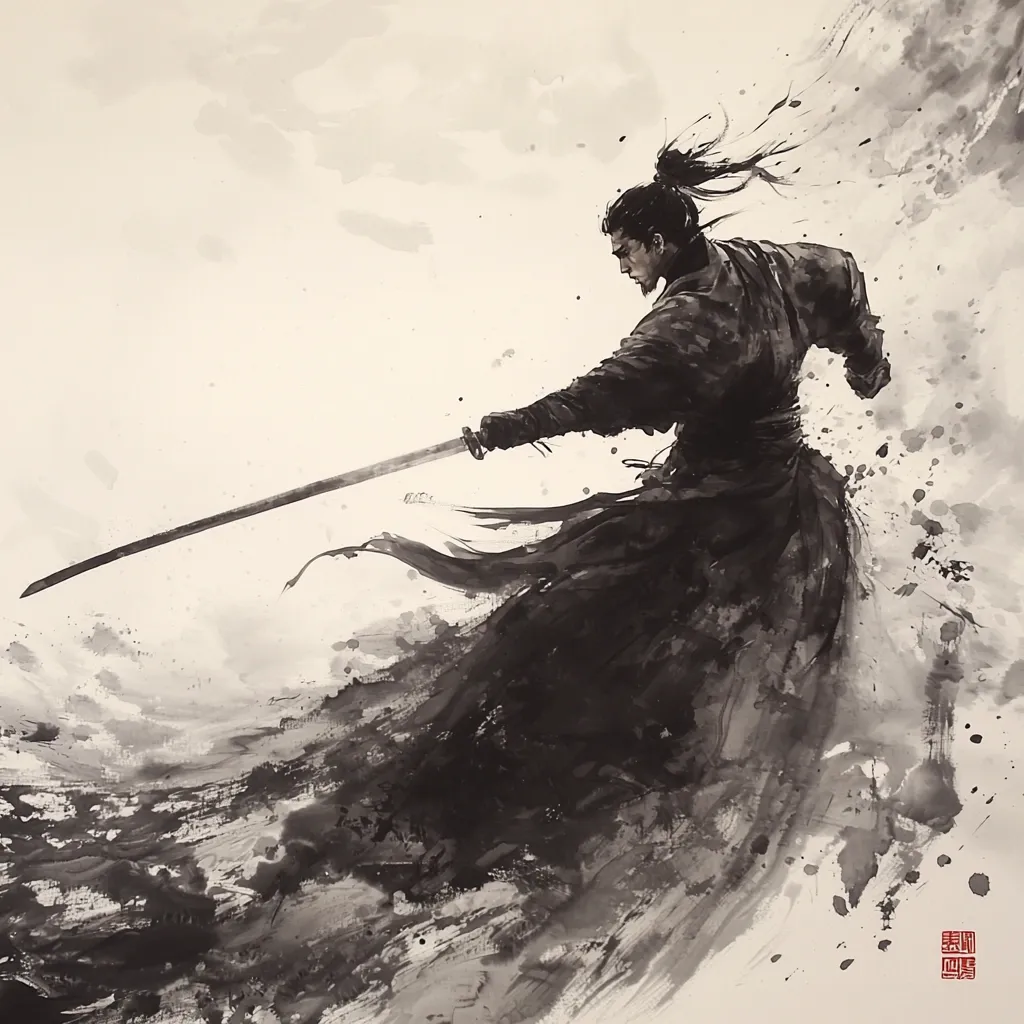 A monochrome ink painting depicts a samurai in dynamic motion.  His long, flowing robes billow behind him as he wields a katana, the blade extending across much of the image.  The style is evocative of traditional Japanese sumi-e, with bold strokes of ink suggesting movement and energy. The background is a wash of gray and black, mirroring the turbulent energy of the scene. The samurai's focused expression adds to the intensity of the artwork.