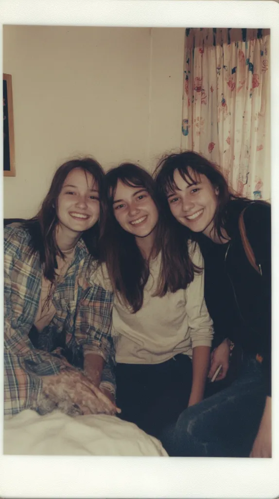 Three teenage girls pose for a candid photograph.  The girl on the left wears a plaid shirt, the middle girl a cream-colored sweater, and the girl on the right a dark top.  Their long hair frames their faces.  They appear close and comfortable, captured in a seemingly intimate moment in a home setting, with curtains visible in the background.  The overall mood is relaxed and friendly.