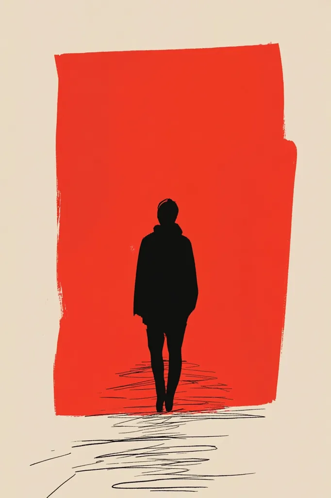 The artwork depicts a stark silhouette of a person standing before a large, vibrantly red background. The figure, seemingly female, is dressed in a long coat, and their back is to the viewer.  The red backdrop is painted with visible brushstrokes, giving it a textured appearance. The ground is suggested by scribbled lines, creating a sense of unease or movement. The overall style is minimalist and evocative, leaving the narrative open to interpretation.
