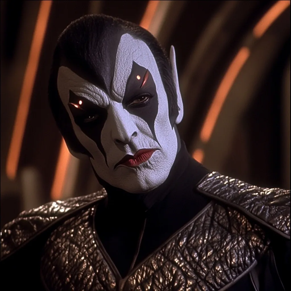A close-up reveals a character, likely an alien, with striking makeup.  Pale face paint, black markings resembling tears and stylized eyebrows, and glowing red eyes create a sinister appearance.  The individual wears a dark, textured garment with a high collar, suggesting a position of power or authority. The image evokes a science fiction or fantasy setting.