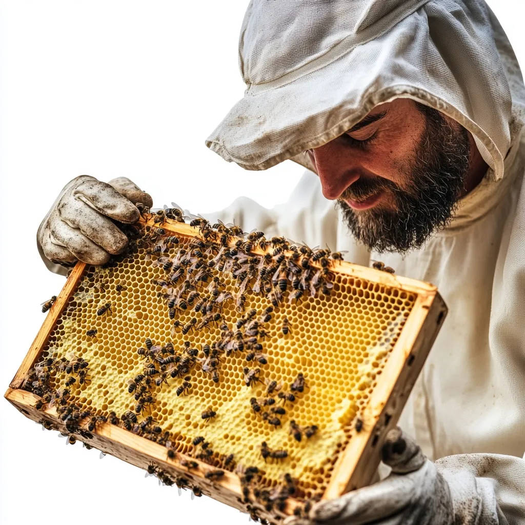 A beekeeper, clad in protective white clothing, meticulously examines a honeycomb frame teeming with busy honeybees.  His focused expression and careful handling highlight the delicate balance of beekeeping.  The frame is filled with golden honey and countless bees, showcasing the intricate work of the hive.  The image is set against a stark white background, emphasizing the detail of the scene.