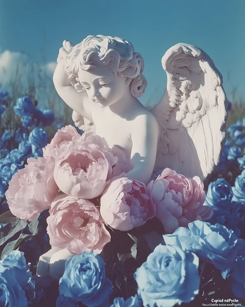 A cherubic angel statue, wings outstretched, is nestled amongst a profusion of pale pink peonies and vibrant blue roses.  The angel's head is tilted down, its gaze cast downward. The scene is bathed in soft, natural light, creating a serene and ethereal atmosphere. The contrast between the cool blues and warm pinks enhances the image's peaceful mood.
