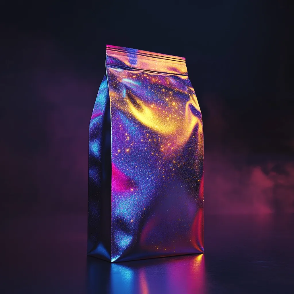 A foil pouch, iridescent with purple, pink, and gold glitter, stands against a dark background.  The bag is illuminated by vibrant, neon-like lighting, creating a dramatic, almost otherworldly effect.  Its reflective surface captures the surrounding light, adding to its shimmering appearance.  The overall aesthetic is modern, luxurious, and slightly mystical.