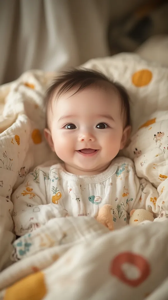An adorable baby, nestled in a soft, cream-colored blanket adorned with subtle animal prints, gazes directly at the camera.  The infant's happy expression and rosy cheeks are captivating.  Small stuffed animals peek out from the folds of the blanket, adding to the cozy and heartwarming scene. The overall mood is serene and peaceful.