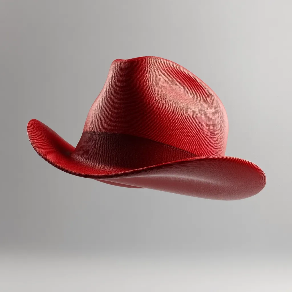 A vibrant red fedora hat floats against a muted gray backdrop.  The hat's brim is wide, and its crown is slightly indented.  The texture of the hat appears smooth yet subtly ribbed. The lighting highlights the hat's glossy surface, creating a striking contrast against the plain background. The overall image is clean, modern, and visually appealing.