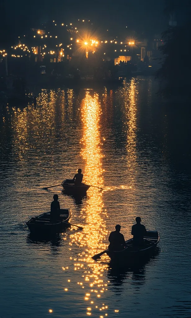 Three small boats, each carrying one or two silhouetted figures, glide across a calm, dark river.  A shimmering path of golden light, reflected from twinkling lights on the far bank, illuminates the water's surface, creating a magical, serene atmosphere. The scene is peaceful and evocative of a twilight or evening setting.