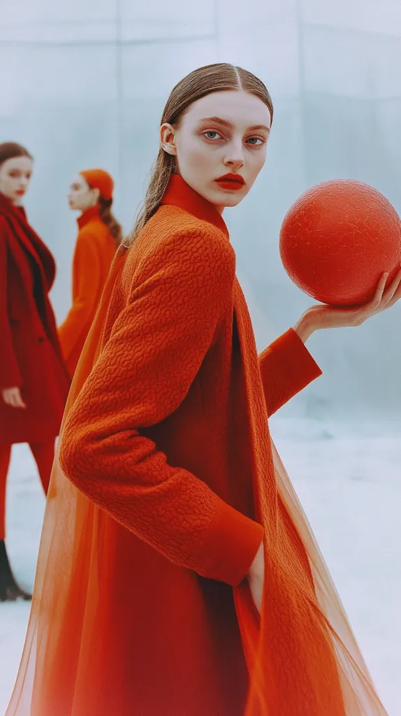 A fashion model in a vibrant orange coat holds a large red ball.  Two other women, also dressed in red, are blurred in the background, creating a striking monochromatic image with a minimalist setting. The model's pose and expression are both confident and subtly intriguing.  The texture of the coat is emphasized by the lighting.