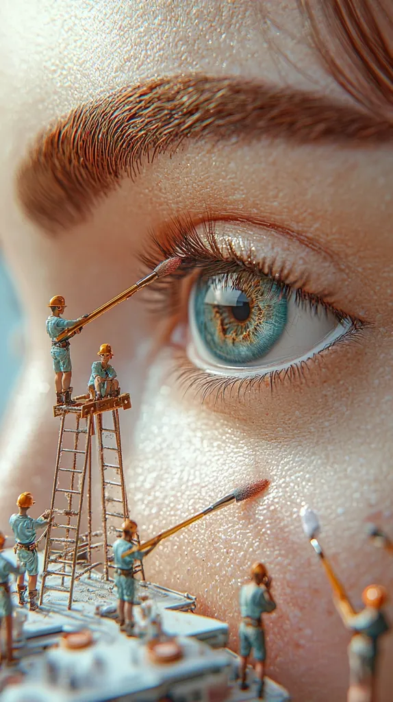 A close-up shot reveals a woman's eye, strikingly large in the frame.  Miniature workers, resembling construction figures, are meticulously applying makeup using long, thin brushes. They appear to be working on the eyelashes, and the skin around the eye. The scene is surreal and detailed, blending macro photography with a whimsical miniature world.