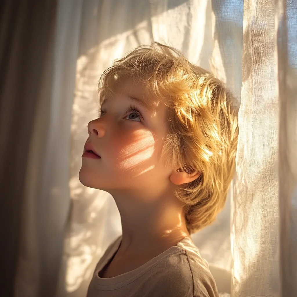 A young child with blond hair, stands by a sheer curtain, their face illuminated by sunlight streaming through the window.  Their head is tilted upward, eyes gazing towards the light source, creating a soft, dreamy atmosphere.  The child's expression is serene and contemplative, highlighting the gentle warmth of the golden light. The image evokes a feeling of peace and wonder.