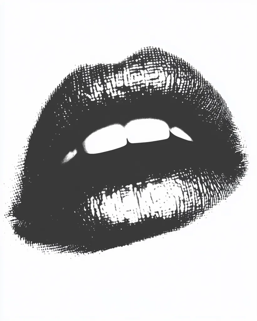 A close-up, black and white illustration of a woman's lips.  The image is stylized with a textured, halftone effect, giving the lips a slightly rough appearance. The lips are parted slightly, revealing teeth.  The overall style is bold and graphic.