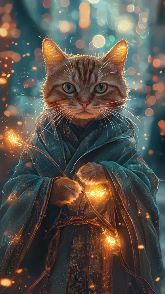 A ginger cat, with intense green eyes, is depicted as a powerful wizard.  Clad in a dark teal robe, it holds glowing, magical embers.  The background is a bokeh of warm and cool colors, suggesting a mystical setting. The cat's serious expression and confident posture enhance its magical aura. The image is a digital painting with a fantasy art style.