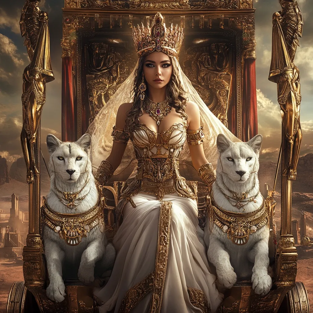 A regal queen, adorned in a gold and white gown and a jeweled crown, sits majestically on a golden chariot.  Two majestic white lions, each wearing ornate golden collars, flank her. The scene is set against a desert landscape, evoking a sense of power and ancient royalty. The overall aesthetic is fantasy, blending elements of Egyptian and classical styles.