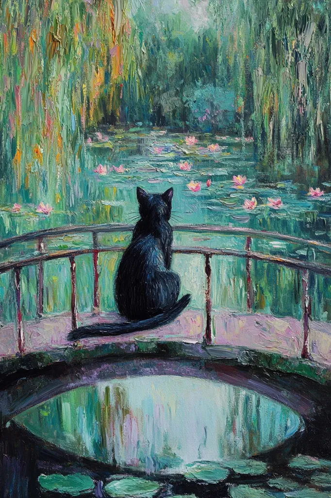 A black cat sits on a bridge overlooking a Monet-inspired water lily pond.  The vibrant oil painting depicts weeping willows, lush greenery, and pink water lilies floating on the calm water. The cat's silhouette is striking against the colorful background, creating a serene and captivating scene. The reflection in the water below the bridge mirrors the beauty above.