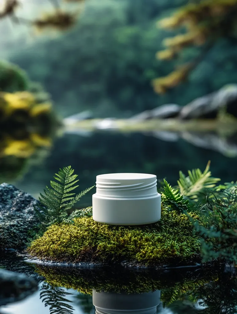 A pristine white cosmetic jar rests on a bed of vibrant green moss, nestled amidst rocks beside a tranquil stream.  The lush, verdant background suggests a natural, possibly eco-friendly product. The scene is serene and emphasizes the product's connection to nature. The reflection in the calm water enhances the overall peaceful aesthetic.