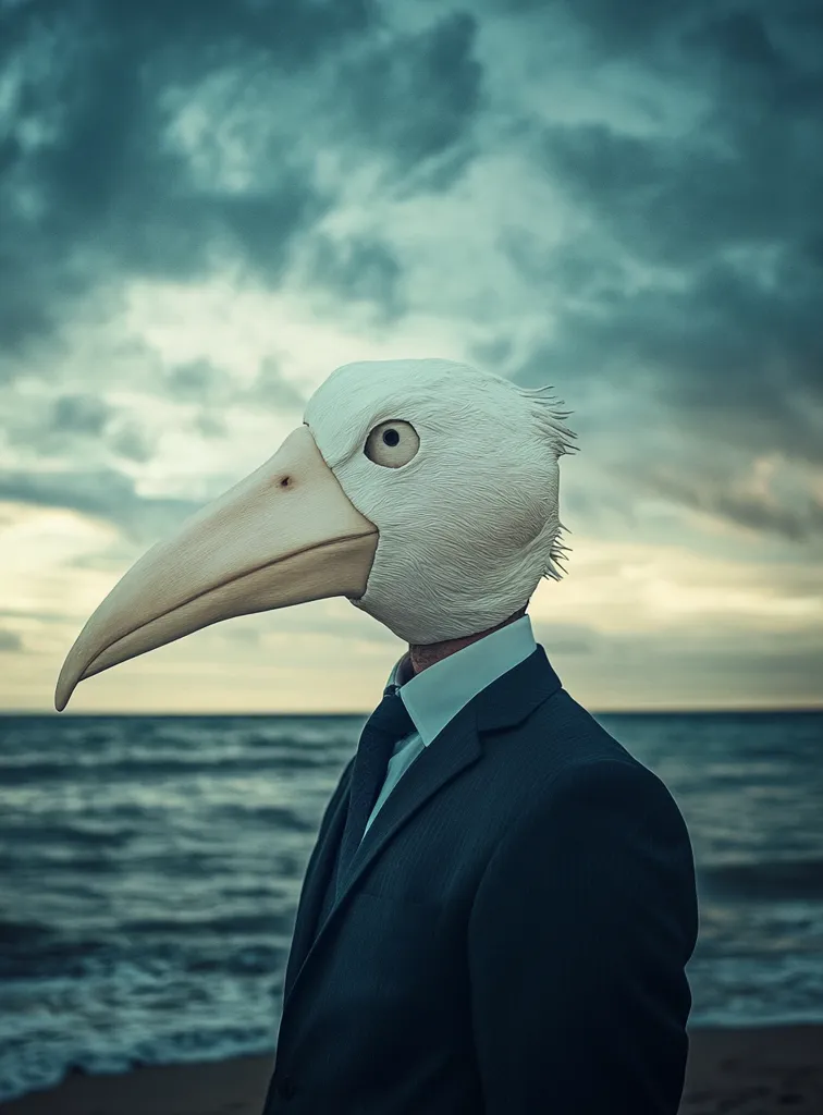 A man in a dark suit stands on a beach, his head replaced by a realistic bird mask. The overcast sky mirrors the somber mood, enhancing the surreal image. The contrast between the formal attire and the avian head creates a striking visual juxtaposition, leaving the viewer to contemplate the underlying meaning.  The ocean waves provide a backdrop to this enigmatic figure.