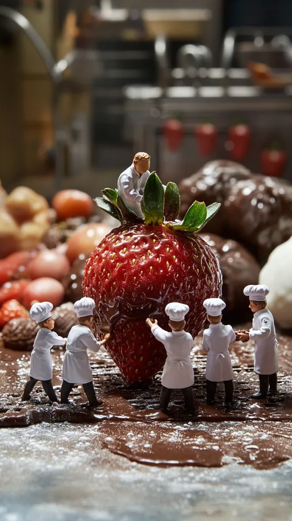 Miniature chefs in white coats work together to dip a large strawberry in a pool of melted chocolate.  Surrounding the central action are other chocolate-covered treats and assorted candies. The background is a blurred out professional kitchen setting, suggesting a confectionery or chocolate factory.  The scene is whimsical and playful, focusing on the miniature scale and meticulous detail.