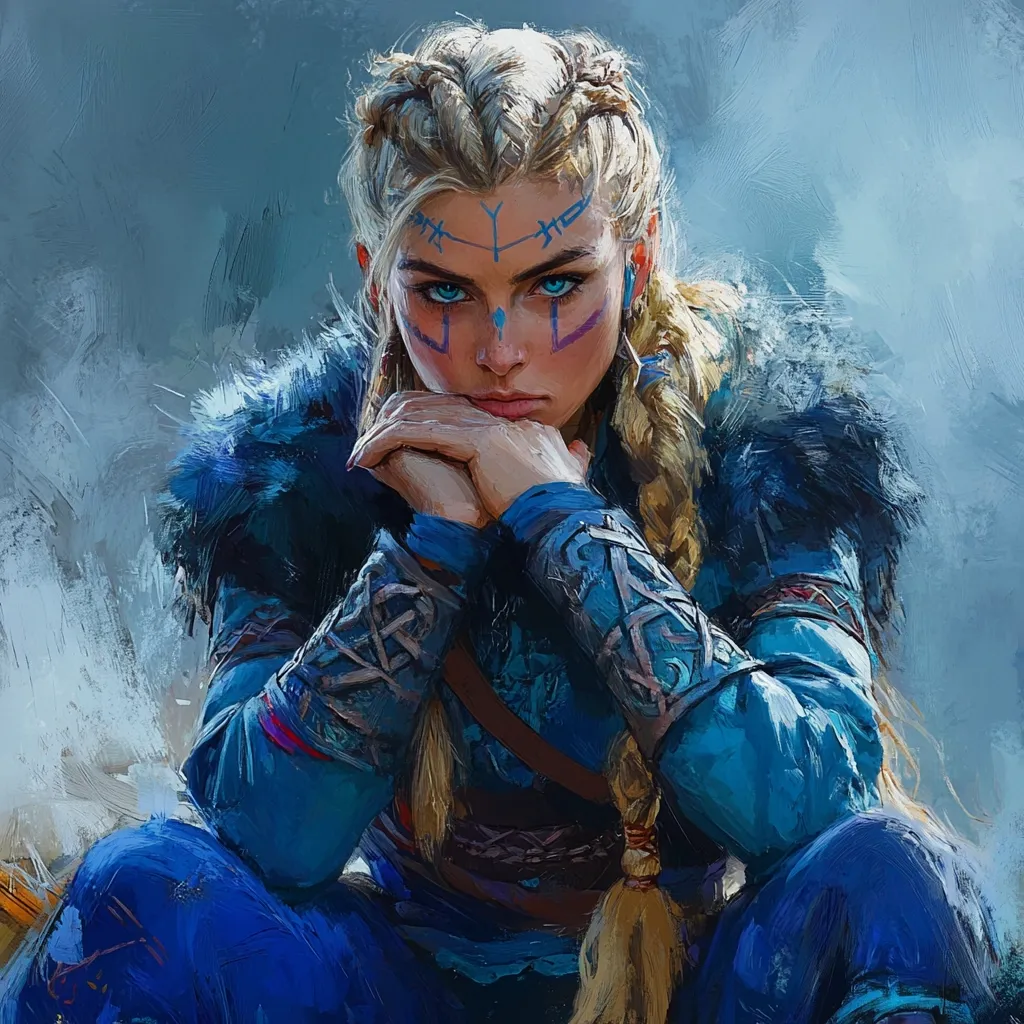 A digital painting depicts a blonde woman, possibly a warrior or shieldmaiden, with blue facial markings. She is dressed in a blue outfit with fur accents and intricate braided cuffs, her long braid cascading down her back.  Her hands are clasped in front of her, and her expression is serious and contemplative. The painting style is expressive and painterly, with visible brushstrokes.