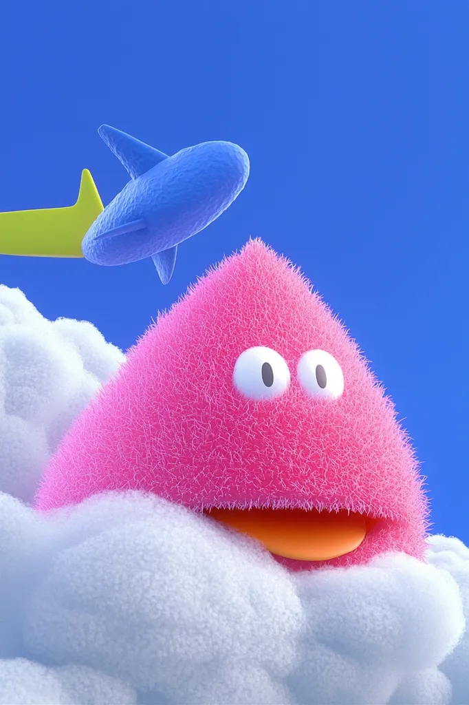 A fluffy pink creature with large eyes and an open mouth sits nestled in a cloud.  A small blue airplane with a yellow tail flies overhead against a bright blue sky. The scene is rendered in a playful, 3D style, evoking a childlike sense of wonder and whimsy.  The overall aesthetic is bright, cheerful, and cartoonish.