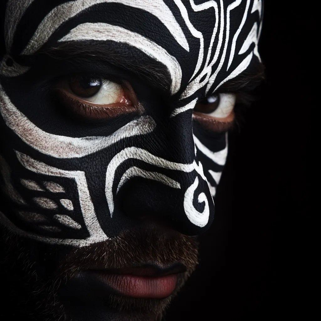 A close-up shot reveals a man's face adorned with intricate black and white body paint, resembling tribal markings. His intense gaze and the stark contrast of the paint against his dark beard create a dramatic effect. The image is sharply focused on his eyes, emphasizing his expression.  The background is a plain black, drawing all attention to the painted face.