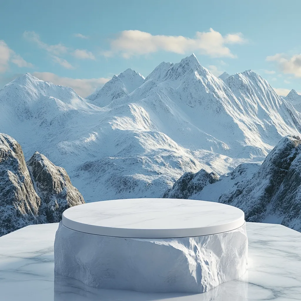 A pristine white marble podium, shaped like a rugged ice formation, sits atop a larger marble slab.  The background showcases a breathtaking panorama of snow-capped mountains under a clear, bright sky.  The scene evokes a sense of serene, wintery beauty and minimalist elegance, ideal for product display or artistic representation.