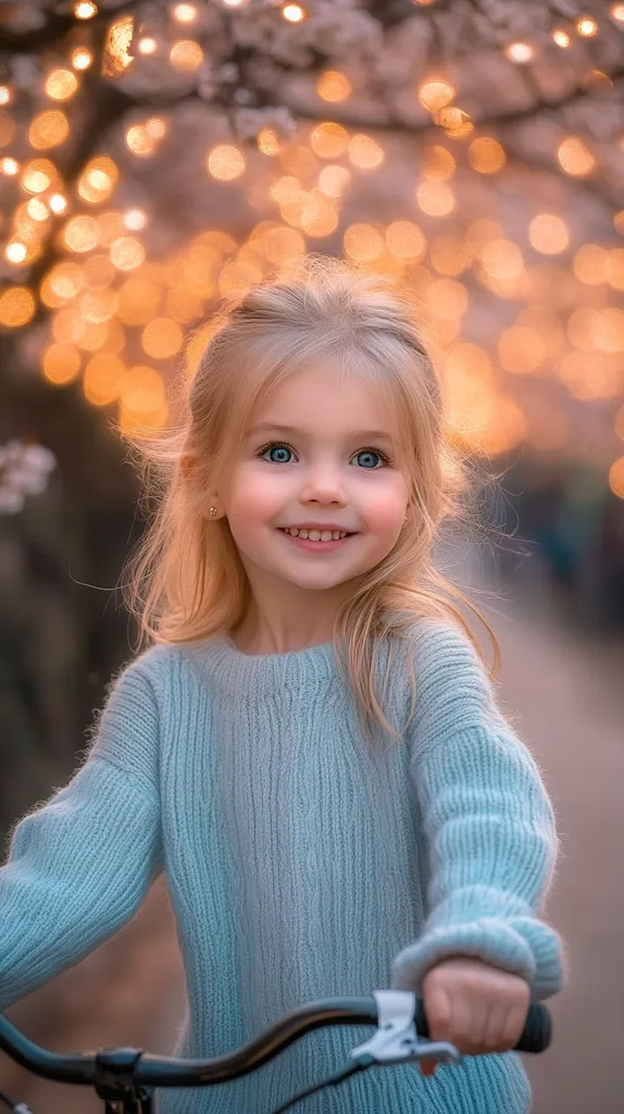 A charming little girl with blonde hair and bright blue eyes smiles radiantly.  She's wearing a light blue knitted sweater and is holding onto the handlebars of a bicycle. The background is softly blurred, featuring a bokeh effect of warm-toned lights, possibly from a string of fairy lights, creating a magical and enchanting atmosphere.  Her joyful expression and the warm lighting make the image heartwarming and sweet.