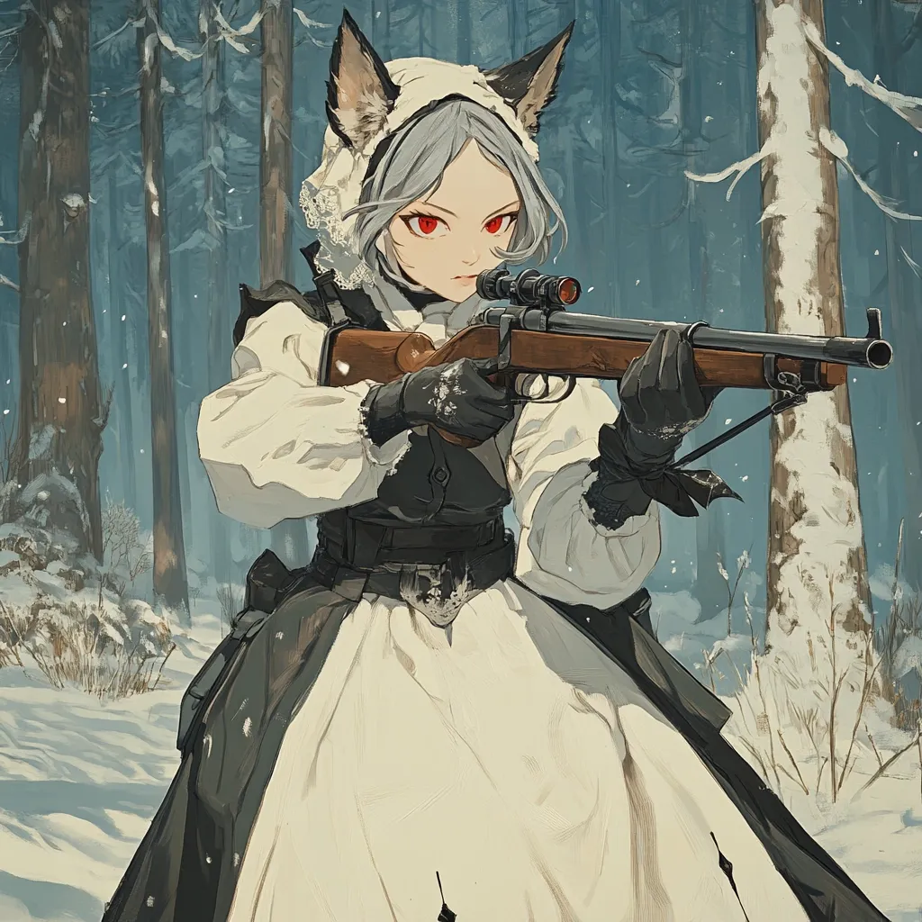 An anime-style girl with wolf ears and silver hair aims a scoped rifle in a snowy forest.  She wears a white dress and dark vest, gloves, and appears focused and prepared. The scene is rendered in a painterly style, with soft light and muted colors emphasizing the winter setting.  The overall mood is one of quiet intensity and preparedness.