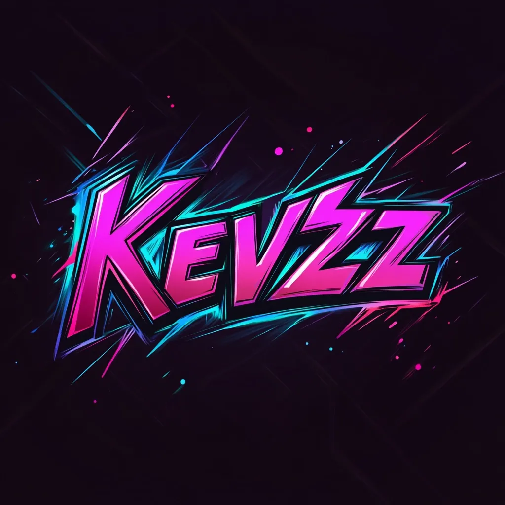 The name "Kevzz" is stylized in bold, pink lettering against a dark background.  Bright cyan and magenta streaks radiate outward from the letters, creating a dynamic, energetic effect.  The overall style is reminiscent of graffiti art or a video game logo, with a vibrant, modern aesthetic. Small splashes of color add to the visual intensity.
