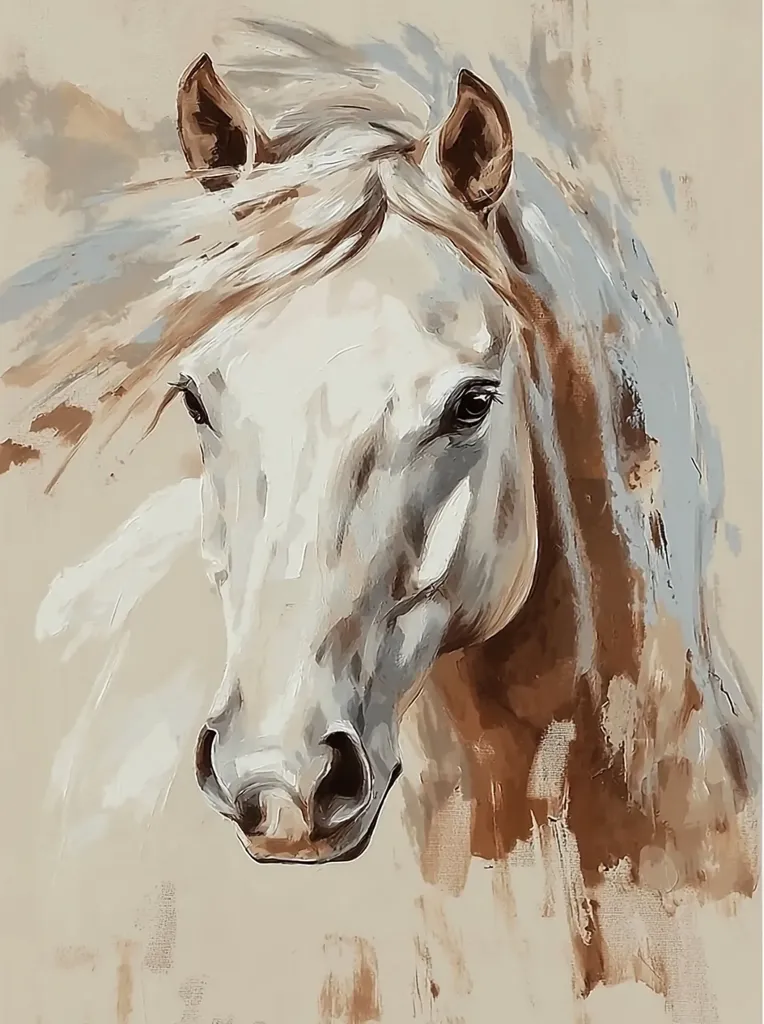 A close-up painting of a white horse's head and neck. The horse's mane flows freely, and its expression is serene.  The painting style is impressionistic, using loose brushstrokes and a muted palette of beige, brown, and grey tones to create a sense of movement and texture.  The background is a soft, neutral color that complements the horse's coat.