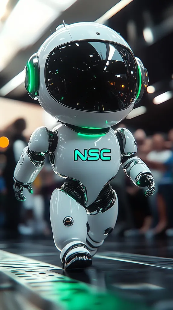 A cute, small robot with a white body and metallic accents walks on a futuristic surface.  Its helmet features a dark visor and glowing green details. The robot's chest displays the acronym "NSC." The background is blurred, showing an indistinct, technologically advanced environment with people in the distance.  The image has a clean, polished aesthetic.