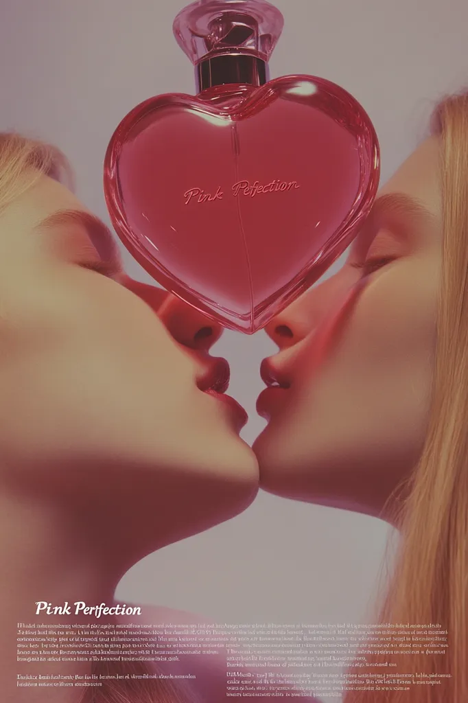 Two women with blonde hair are shown leaning in to kiss, with a heart-shaped bottle of "Pink Perfection" perfume positioned between them.  The bottle is a vibrant pink, reflecting a soft, romantic lighting. The image is stylized and evokes a sense of intimacy and luxurious femininity. The background is a muted, pastel shade, drawing focus to the central figures and the perfume.