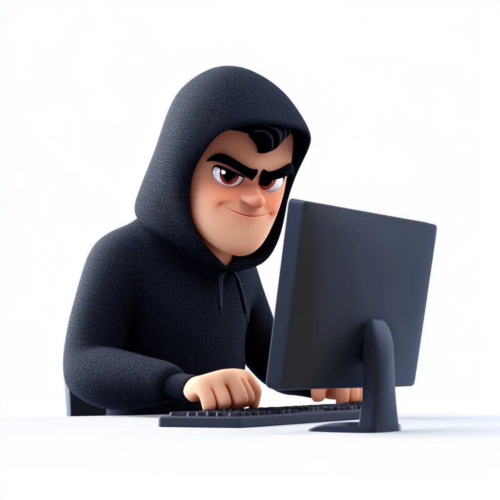 A 3D-rendered cartoon character, resembling a mischievous hacker, is shown seated at a computer.  He wears a dark hooded sweatshirt, his expression is sly and intense, and his hands are positioned on the keyboard. The overall style is playful yet suggestive of clandestine activity.  The scene is set against a stark white background, highlighting the character.