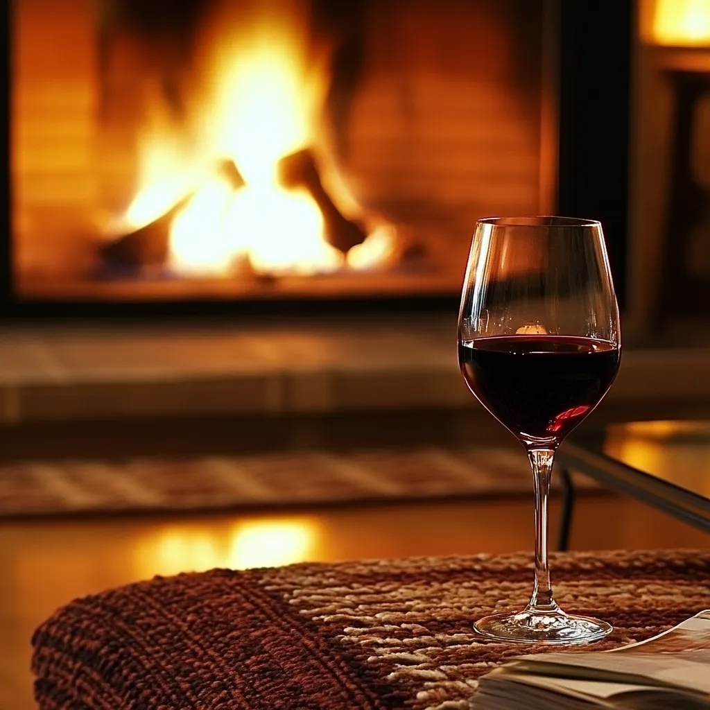 A glass of red wine sits on a cozy knitted throw in front of a warm, crackling fireplace. The soft firelight illuminates the scene, creating a relaxed and inviting atmosphere.  The image evokes feelings of comfort, warmth, and tranquility, perfect for a quiet evening at home.