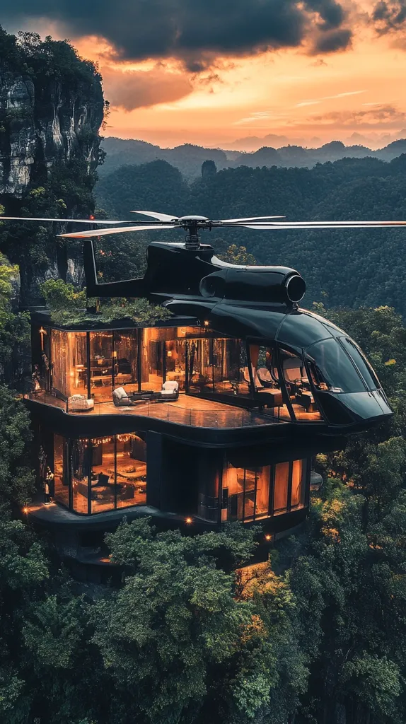 A luxurious, modern black house is nestled into a lush green mountainside at sunset.  A sleek, black helicopter is positioned above the home, seemingly providing access to this secluded, opulent residence.  The home's large windows illuminate the interior, showcasing a spacious and stylish living area. The dramatic landscape and the contrast between the dark architecture and vibrant sunset create a stunning visual.