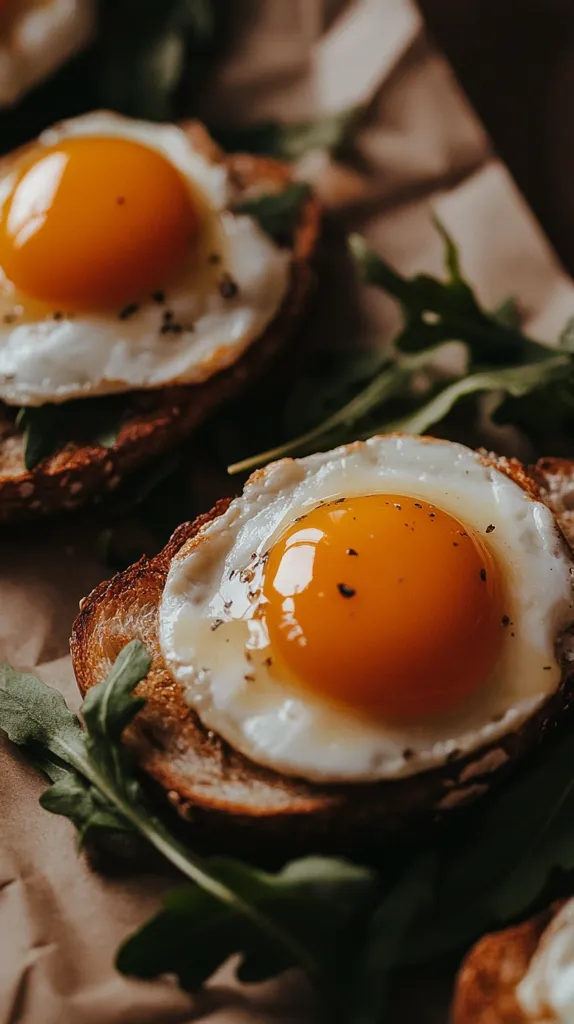 Close-up of two fried eggs on toast, garnished with fresh arugula.  The yolks are bright orange and runny, the whites cooked perfectly. The toast appears to be whole-wheat.  The image is dimly lit, creating a warm and inviting atmosphere.  A third piece of toast is partially visible in the background.