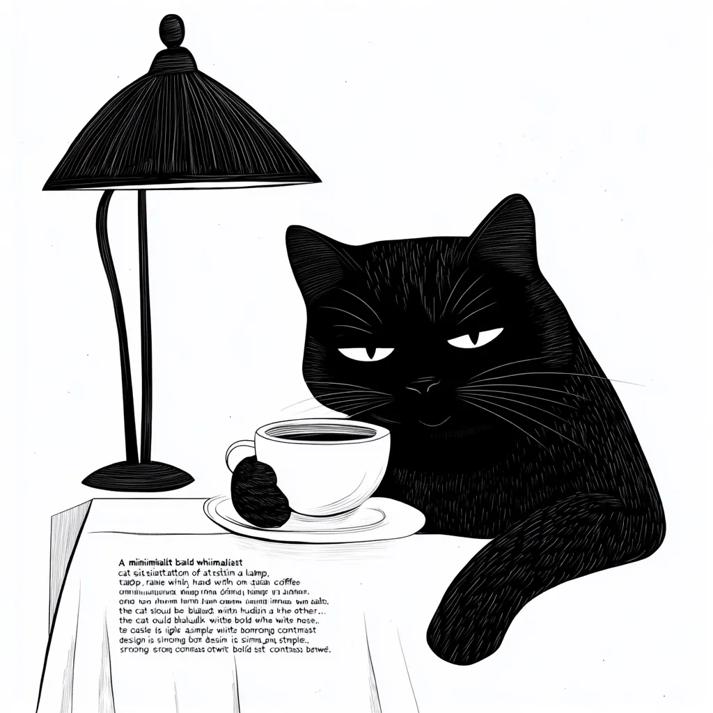 A minimalist illustration depicts a black cat sitting at a table with a lamp and a cup of coffee.  The cat's expression is subtly smug. The style is stark black and white, with a strong contrast between the cat and the background.  The overall aesthetic is simple yet striking.