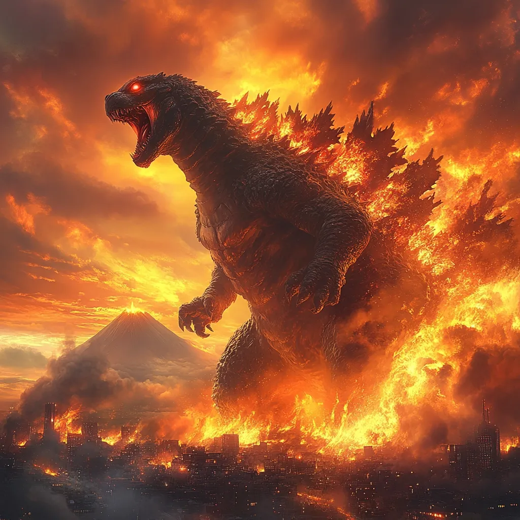A colossal Godzilla, engulfed in flames, stands amidst a burning city.  Its fiery dorsal fins blaze, casting an orange glow across the apocalyptic landscape.  A volcano erupts in the background, adding to the fiery devastation.  The monster’s roar is implied, its red eyes glowing intensely.  The scene evokes destruction and immense power.