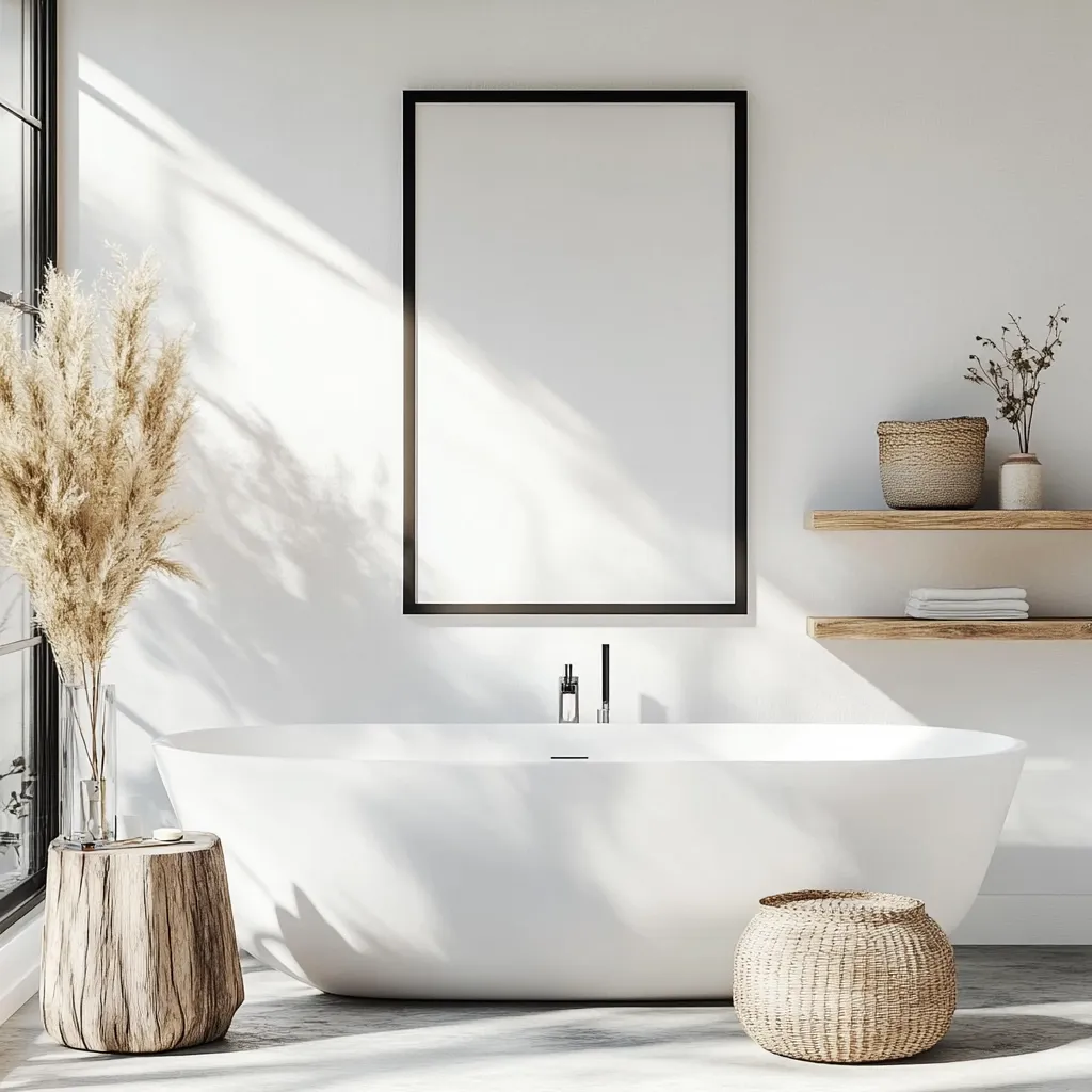 A minimalist bathroom features a freestanding white bathtub, complemented by natural elements.  A large, blank framed poster hangs above, and wooden shelves hold woven baskets and towels.  Sunlight streams through a window, illuminating dried pampas grass in a glass vase on a rustic wooden stool. The overall aesthetic is serene and calming.