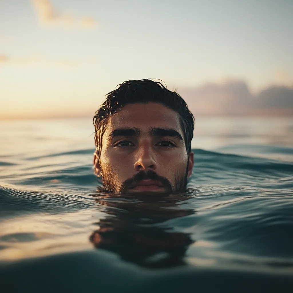A man with dark hair and a beard emerges from the ocean, his face partially submerged. The water is calm, and the setting sun casts a warm glow on the scene. His expression is serious and contemplative, creating a mood of quiet intensity and introspection.  The image focuses on his face, contrasting the ruggedness of his features with the serenity of the ocean.