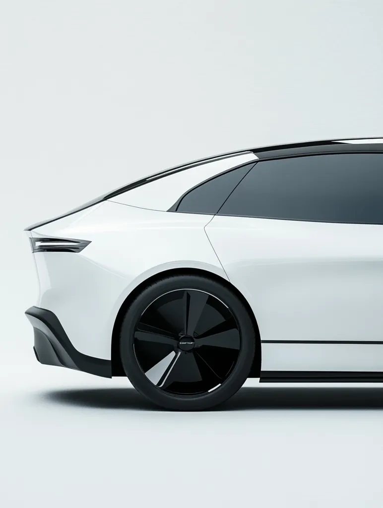 The image shows the rear quarter profile of a sleek, white electric car against a bright white background. The car has a modern, minimalist design with black accents on the roof and wheels. The large, black wheels feature a distinctive multi-spoke design. The tinted rear windows add to the car's sophisticated appearance.  The overall impression is one of clean lines, futuristic styling, and high-end technology.