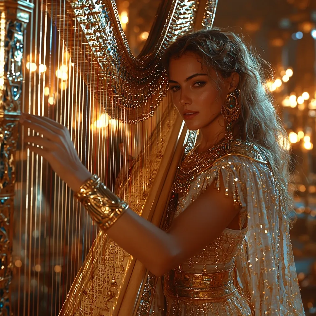 A woman with flowing golden hair and an ornate gold gown plays a harp. The harp is intricately carved with gold detailing.  The warm lighting suggests a luxurious, perhaps theatrical, setting. Her expression is serious and focused as her fingers gracefully move across the strings.  The overall image evokes a sense of elegance and artistry.