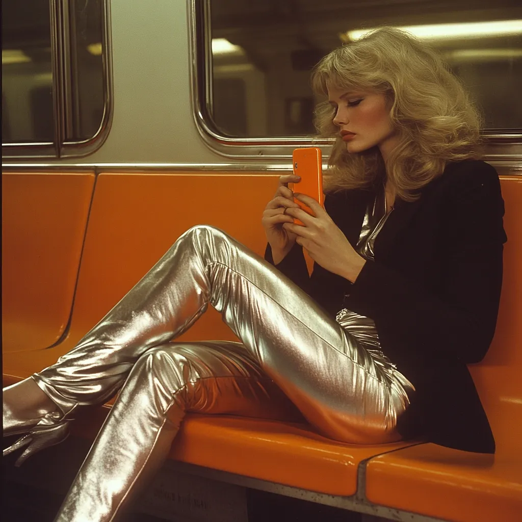A stylish woman with long blonde hair sits on an orange subway seat, legs crossed, wearing silver metallic pants and a black blazer.  She holds an orange phone, seemingly engrossed in its screen. The setting is a dimly lit subway car, with the reflective windows adding to the image's retro aesthetic.  The overall mood is one of fashionable coolness and quiet contemplation.