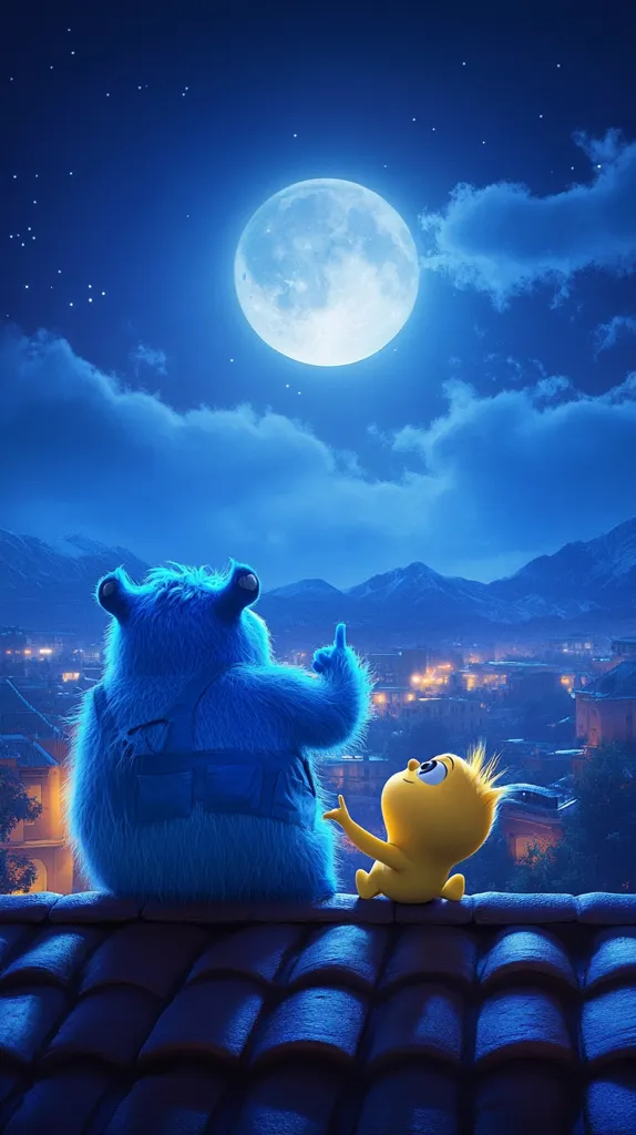 A blue furry creature and a small yellow bird sit atop a rooftop, gazing at a large, bright full moon in the night sky.  Stars twinkle above, and a distant town glows with warm lights nestled among mountains. The scene is serene and magical, suggesting friendship and wonder under the moonlit sky.