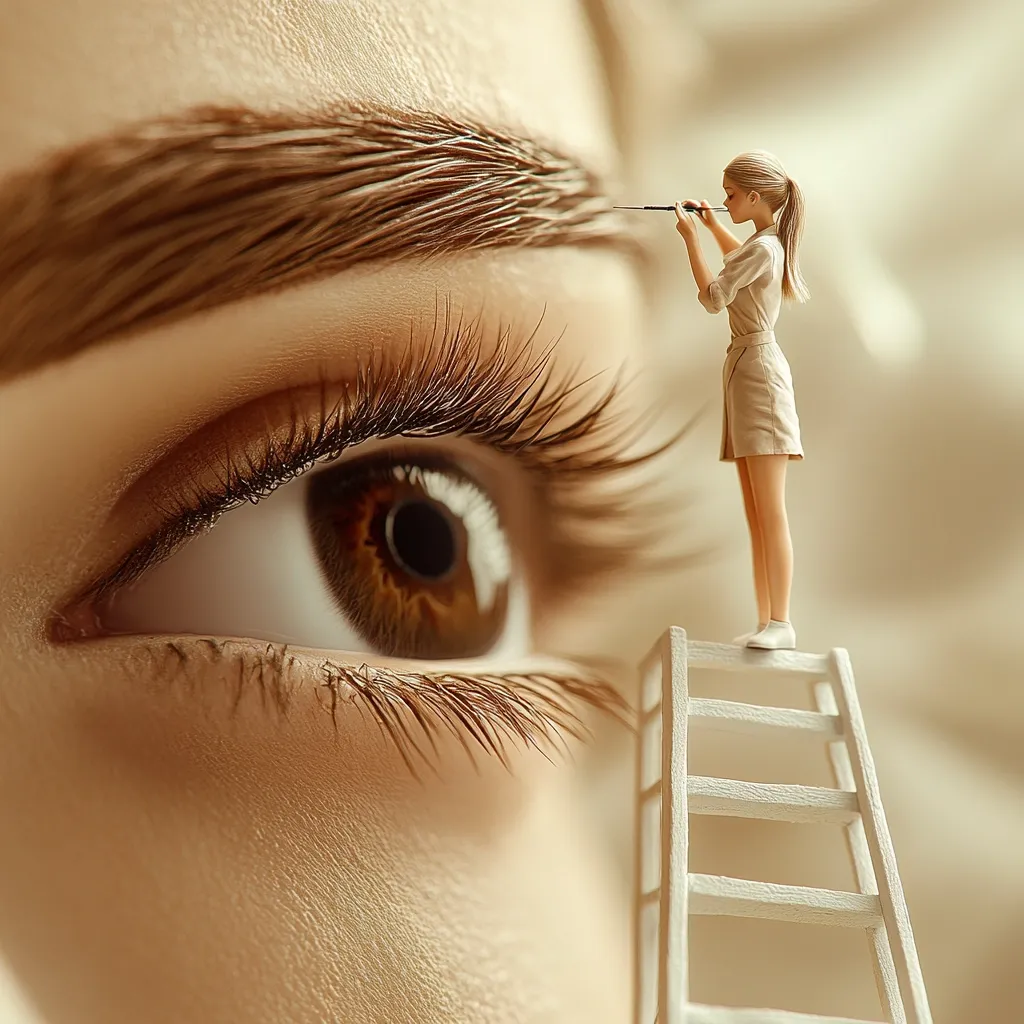 A miniature woman stands on a tiny ladder, meticulously applying makeup to a dramatically enlarged eye and eyebrow.  The image uses forced perspective to create a surreal and captivating scene, highlighting the detail and artistry involved in beauty treatments.  The warm tones and soft lighting enhance the overall aesthetic.